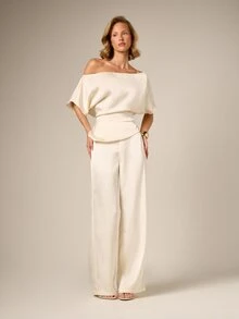 AiiRZ Quần Palazzo ống rộng cạp cao bằng satin dành cho nữ, kiểu dáng thanh lịch, dài đến mắt cá chân, thích hợp cho mùa xuân hè, công sở hoặc các dịp trang trọng. - Màu be - Xem 3