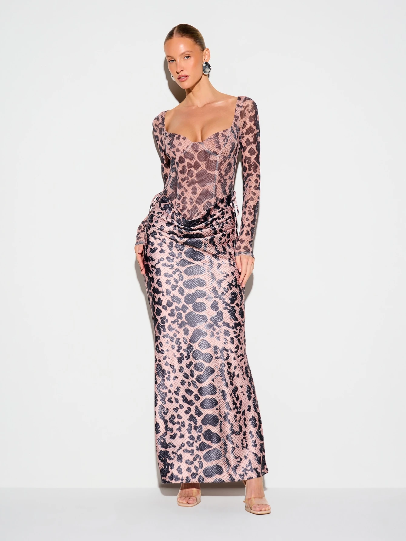 KIZN Python Snake Print Mesh Bodysuit With Plunge Neckline