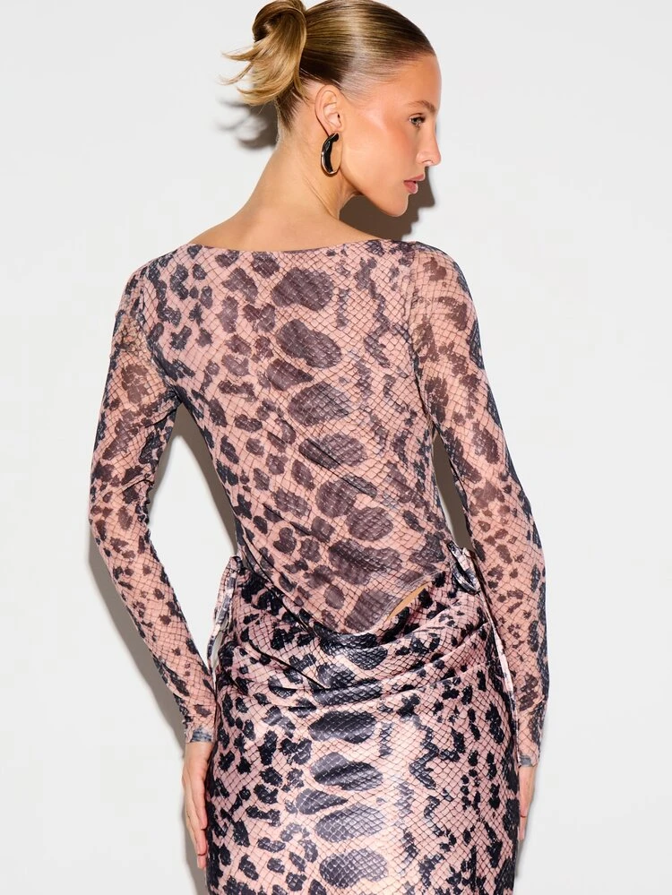 KIZN Women's Python Snake Print Mesh Long Sleeve Bodysuit With Plunge Neckline And Fitted Silhouette For Date Night Party Outfit