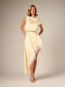 AiiRZ Elegant Satin Asymmetric Maxi Dress With Delicate Lace Trim And Ruffled Neckline For Special Occasions Party Wedding Guest - Pale Yellow - View 1