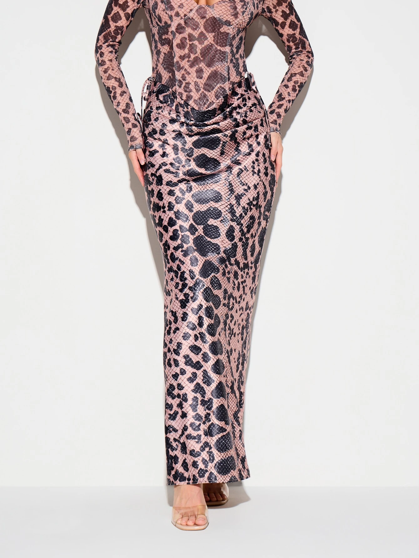 KIZN Satin Snake Print Maxi Skirt With Tie Detail