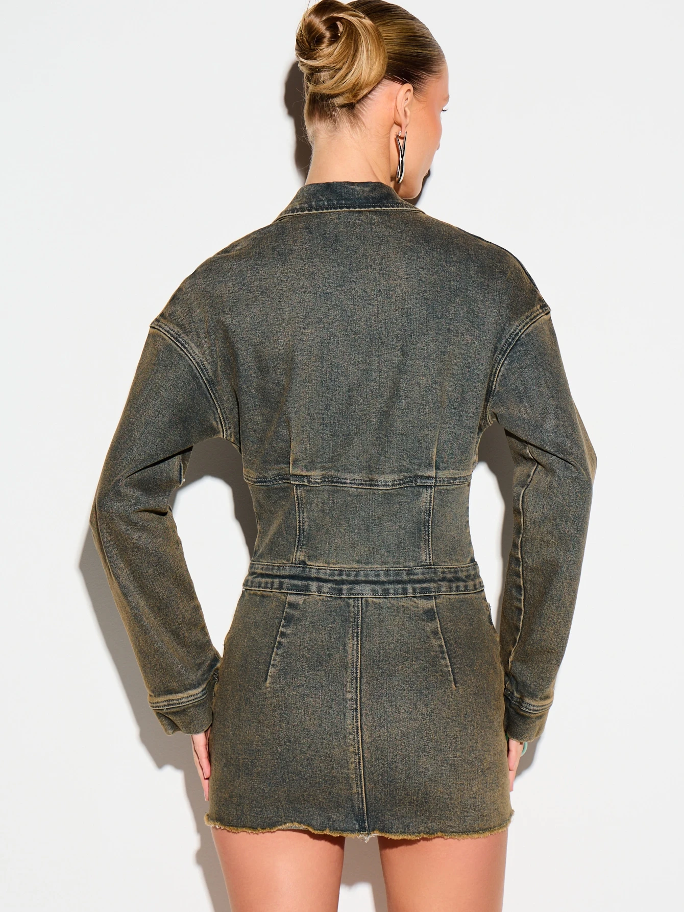 KIZN Collared Denim Bodycon Mini Dress With Zipper