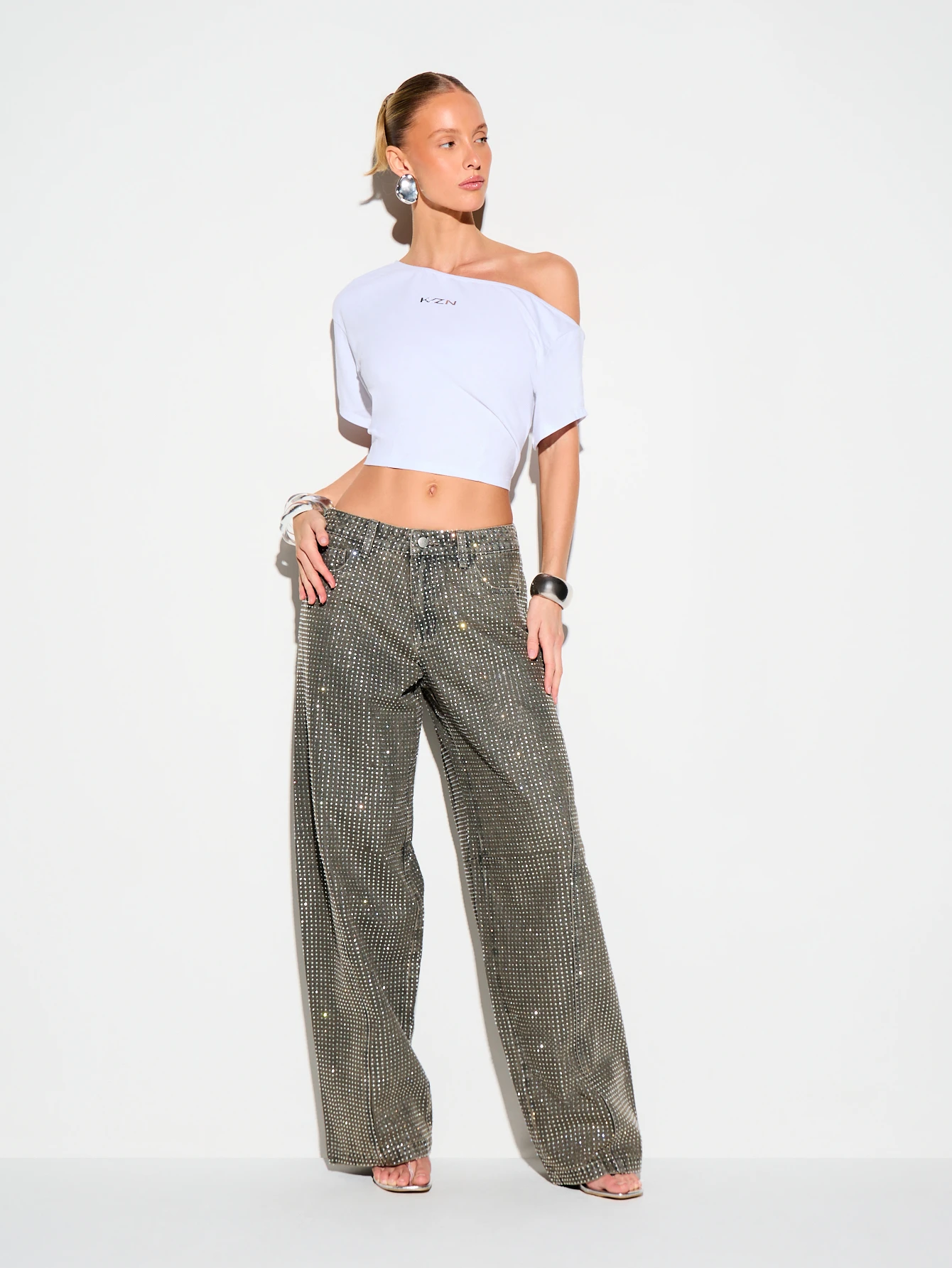 KIZN Off Shoulder Cinched Crop T-Shirt