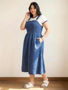 Đầm yếm ELLERISSA Curve thanh lịch bằng vải denim dành cho nữ, đầm yếm midi denim xanh, đầm hè thường ngày, trang phục hàng ngày, đầm cỡ lớn cho nữ, trang phục đi nghỉ mát, đầm yếm denim, trang phục công sở thường ngày. - Màu xanh lam - Xem 5