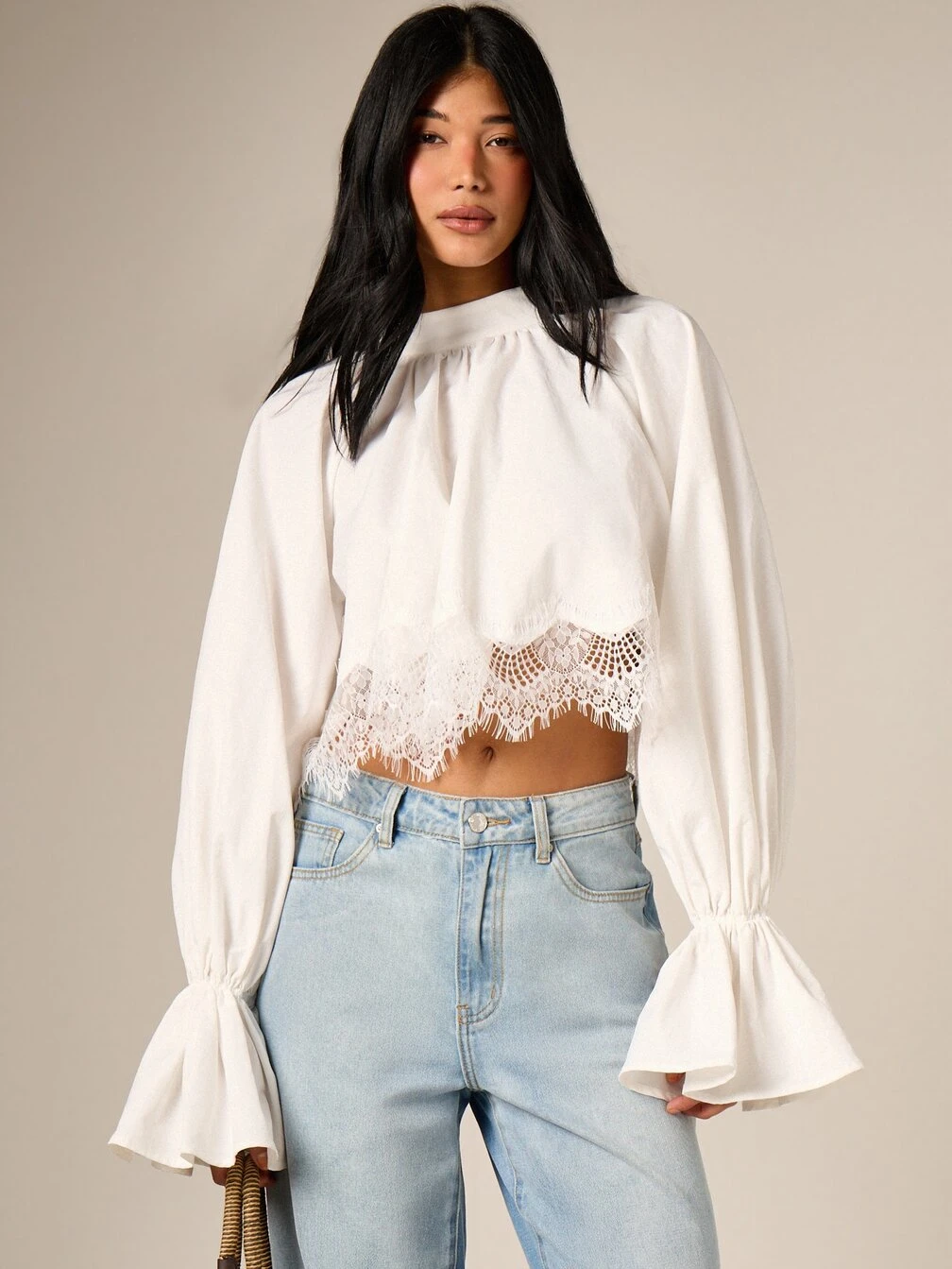 AiiRZ Women's White Long Sleeve Blouse With Bell Sleeves And