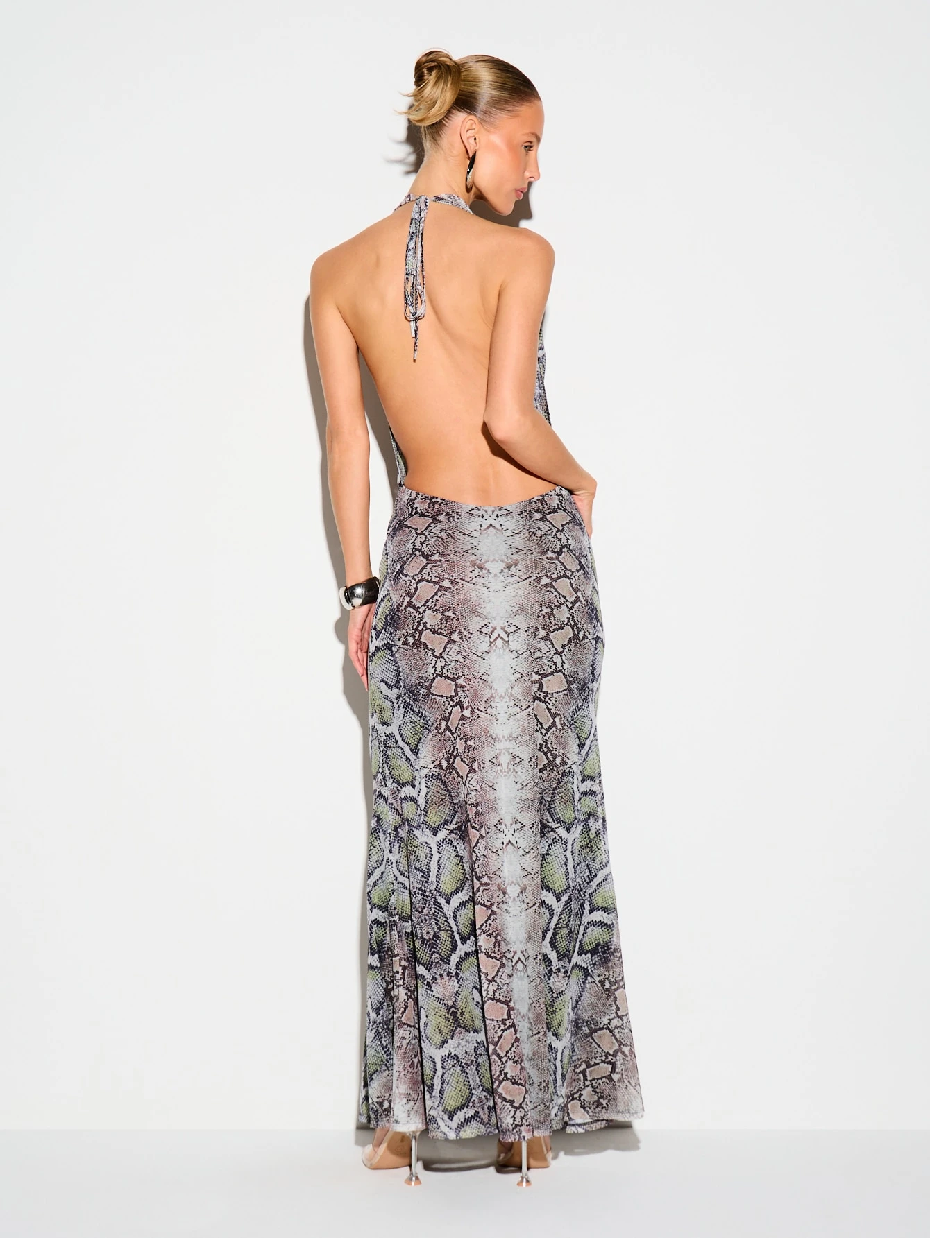 KIZN Snake Print Cowl Neck Halter Maxi Dress