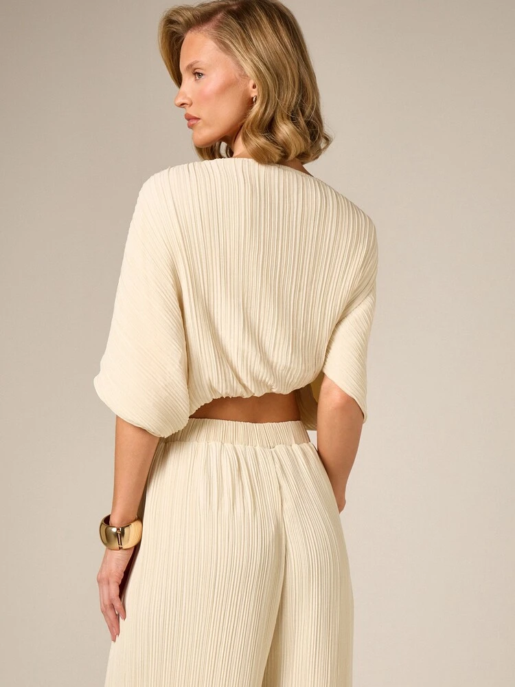 Plisse Asymmetric Off Shoulder Blouse With Tie Detail