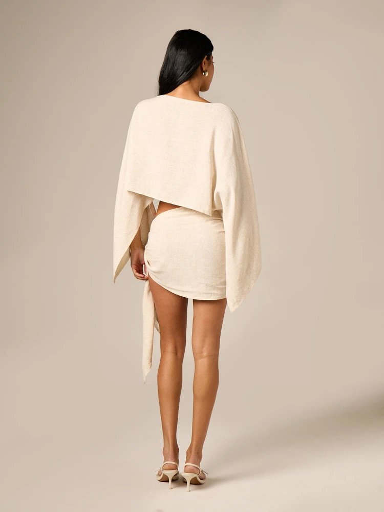 AiiRZ Linen Crop Top And Wrap Sarong Mini Skirt Two Piece Co Ord Set Long Sleeve Boxy Top With Side Tie Asymmetric Hem Detail Beach Resort Vacation Outfit