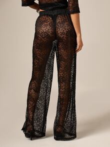 AiiRZ Women's Black Lace Wide Leg Palazzo Trousers With Intricate Floral Pattern High Rise Elegant Evening Pants - Black - View 2