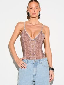KIZN Snake Print Deep V Neck Sleeveless Mesh Bodysuit With Adjustable Straps And Low Back Design For Summer Occasions - Multicolor - View 1