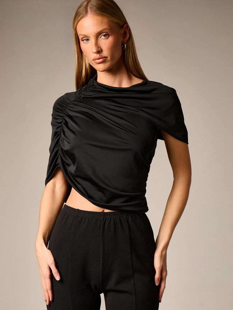 Draped Asymmetric Short Sleeve Blouse