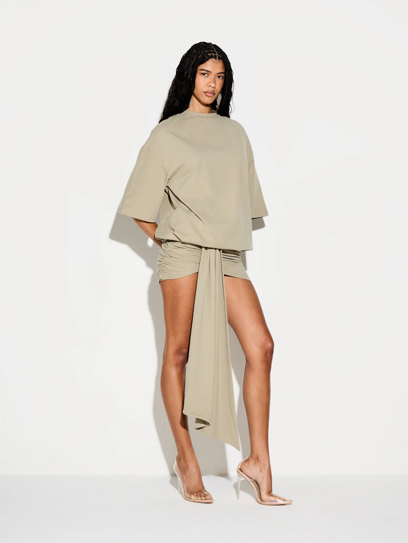 KIZN Ruched Long Sleeve Mini Dress With Drape Detail