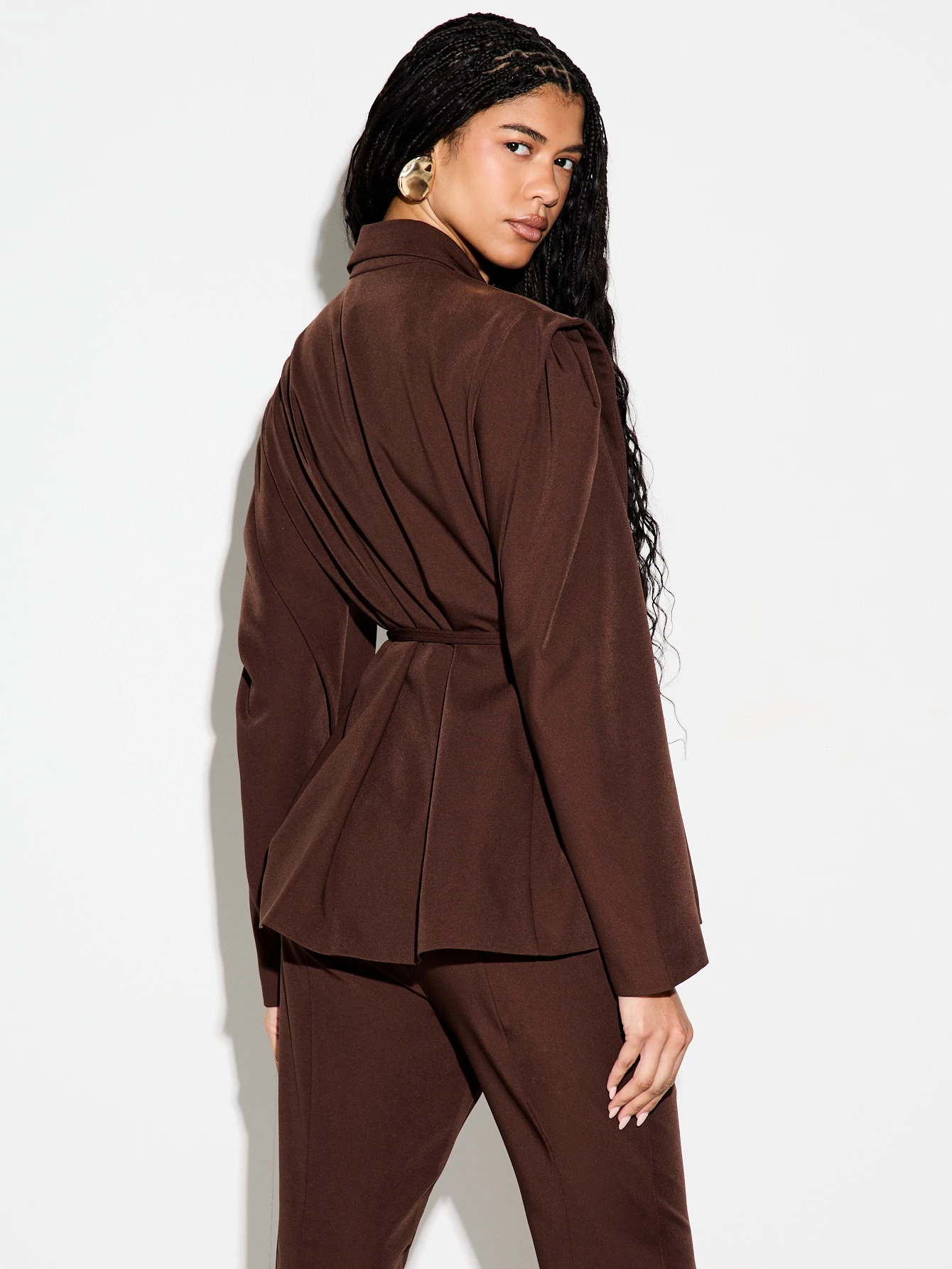 KIZN Oversized Brown Crepe Blazer With Belt