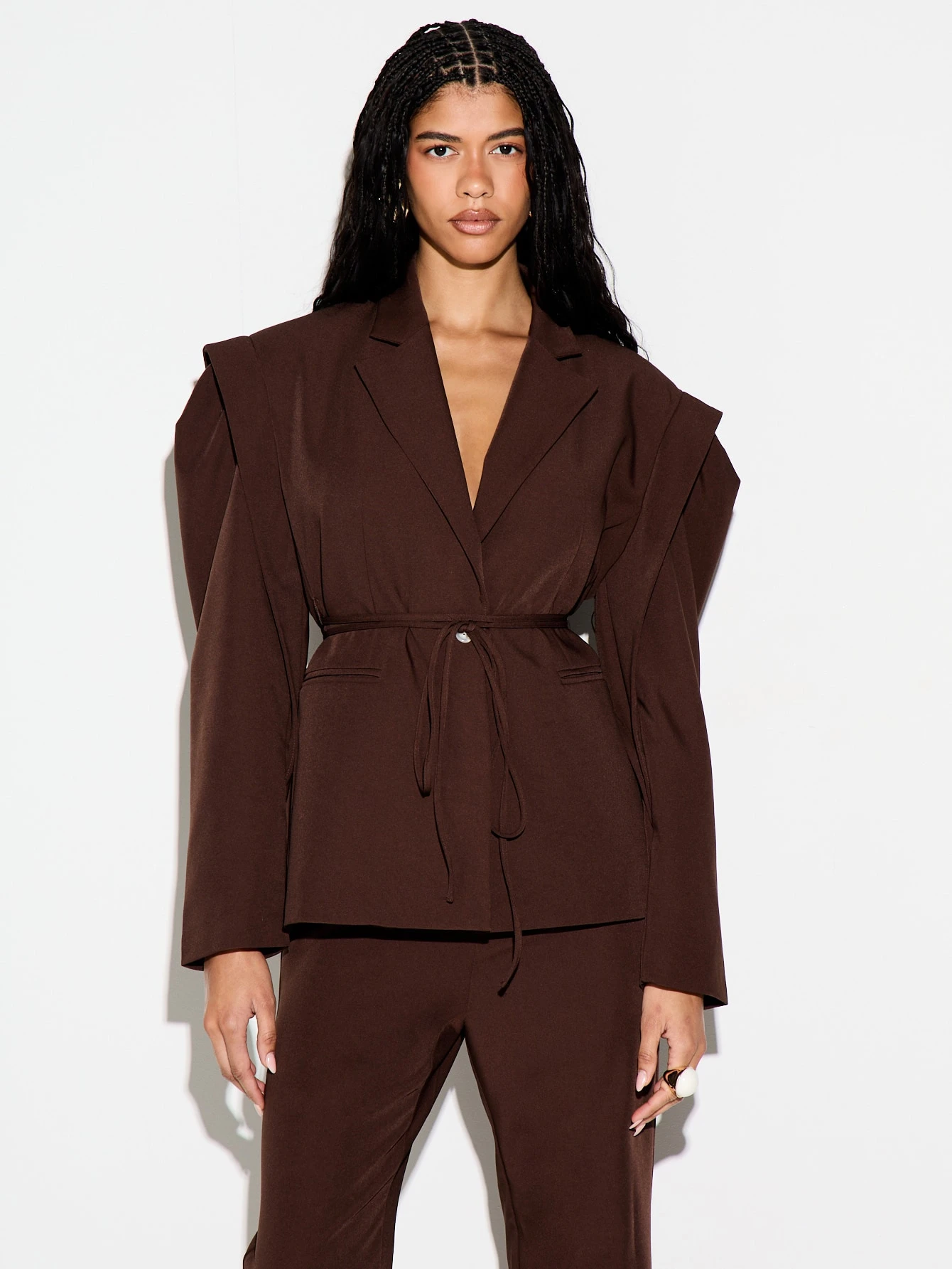 KIZN Oversized Brown Crepe Blazer With Belt