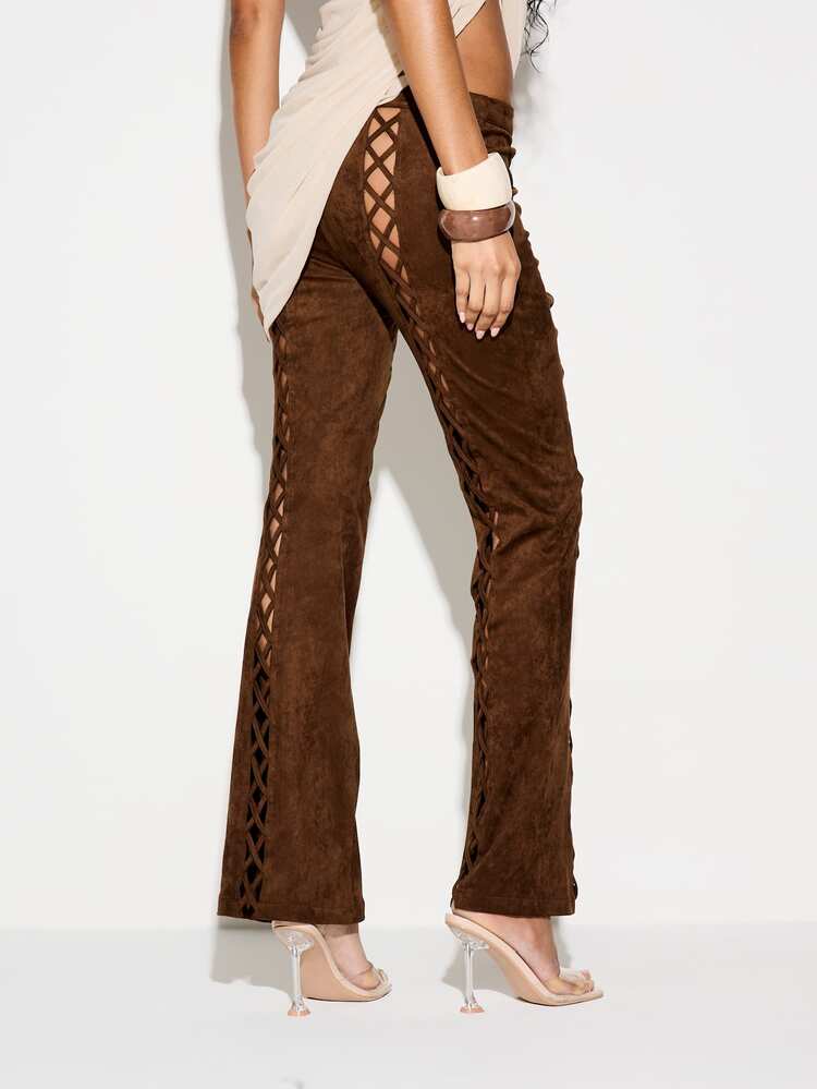 KIZN Lace Up Suede Straight Trousers With Cutout