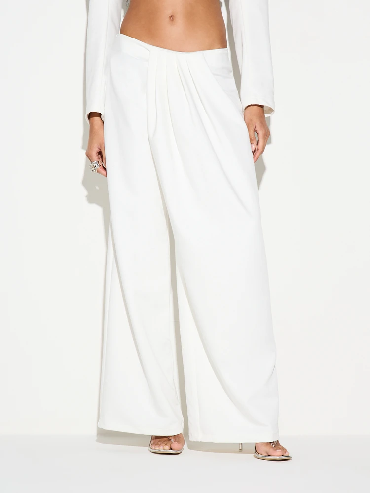 KIZN Pantalon large taille haute taillé Palazzo pour femmes, habillé, de bureau, professionnel, avec détail de drapé blanc
