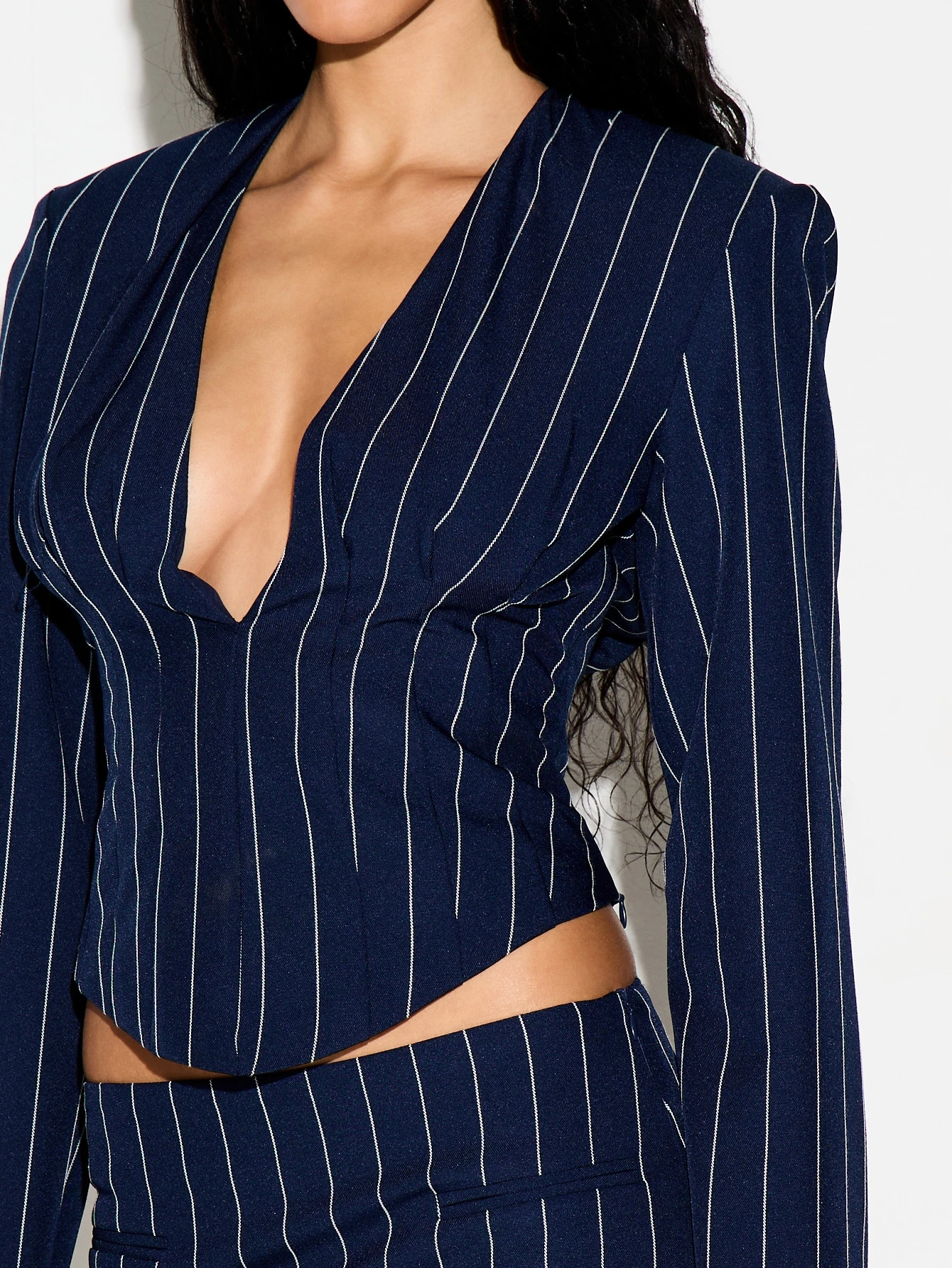 KIZN Pinstripe Corset Blazer With V-Neck