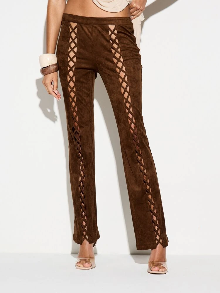 KIZN Lace Up Suede Straight Trousers With Cutout