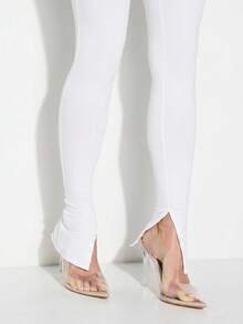 KIZN Mesh Detail Button Hem High Waisted Seamless Fitted Stretchy Leggings For Women Fashion Casual Everyday Wear - White - View 4