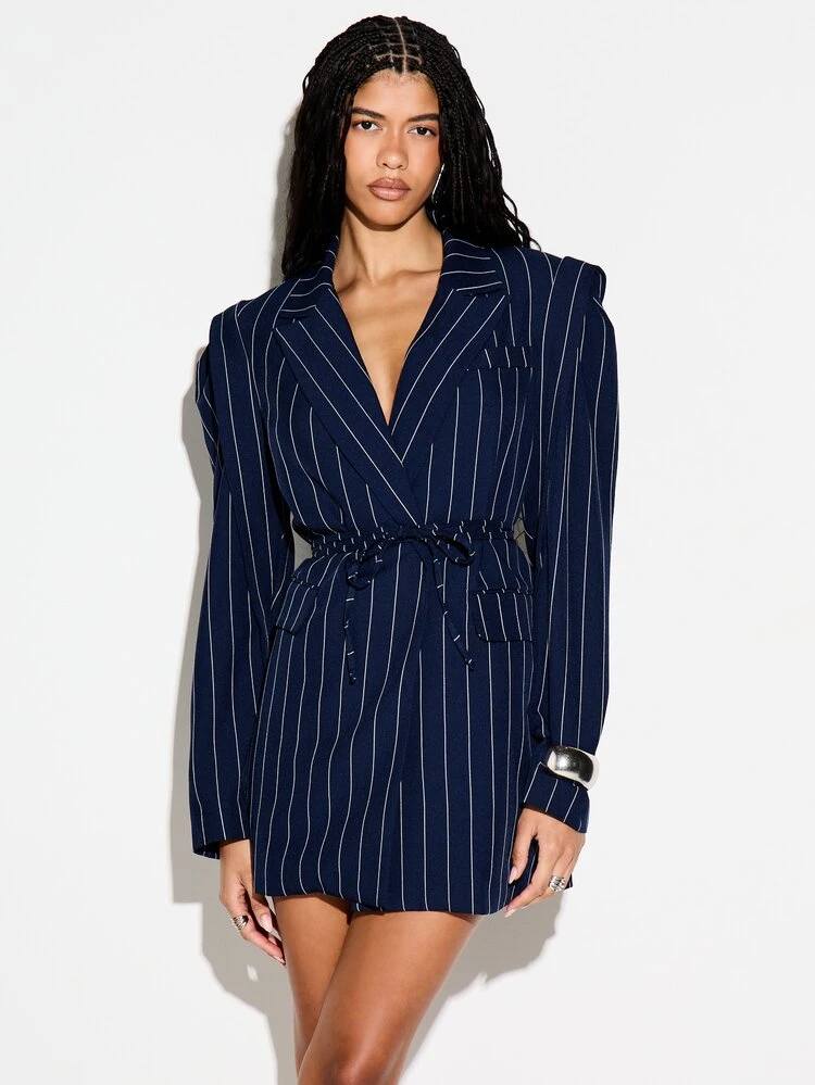 KIZN Pinstripe Wrap Blazer Dress With Belt