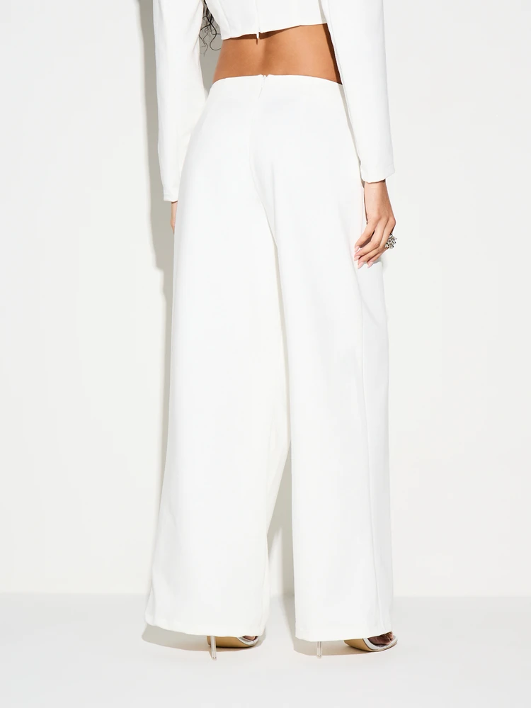 KIZN Pantalon large taille haute taillé Palazzo pour femmes, habillé, de bureau, professionnel, avec détail de drapé blanc