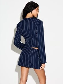 KIZN Áo blazer dáng rộng kiểu corset dành cho nữ, cổ chữ V sâu, tay dài, màu xanh navy trắng kẻ sọc dọc, phong cách công sở chuyên nghiệp. - Màu xanh lam - Xem 2
