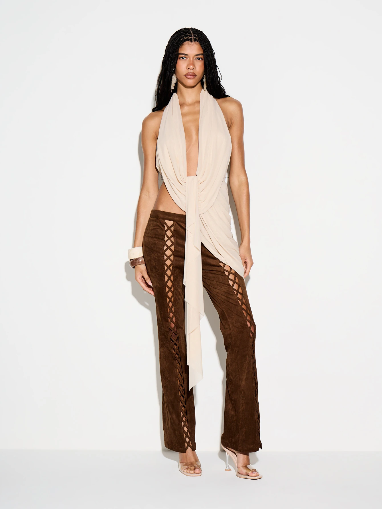 KIZN Pantaloni dritti in pelle scamosciata con lacci e ritaglio