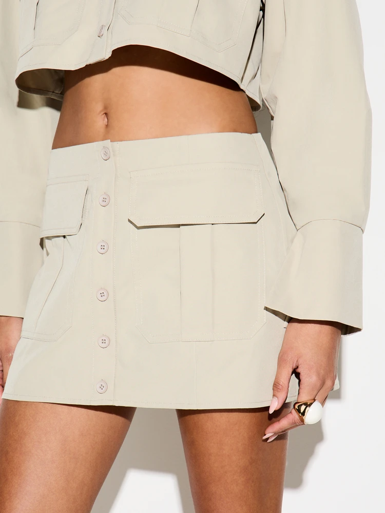 KIZN Beige Poplin Button Front Mini Skirt With Cargo Pockets