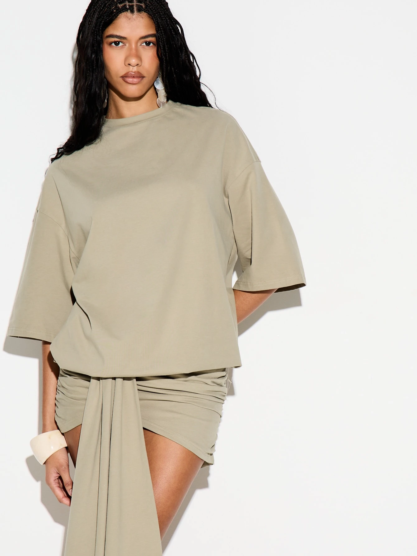 KIZN Ruched Long Sleeve Mini Dress With Drape Detail