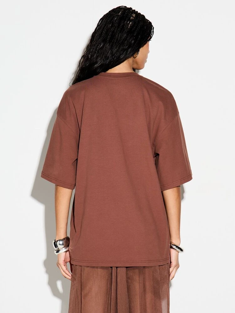 KIZN Oversized Brown Cotton T-Shirt With Crew Neck