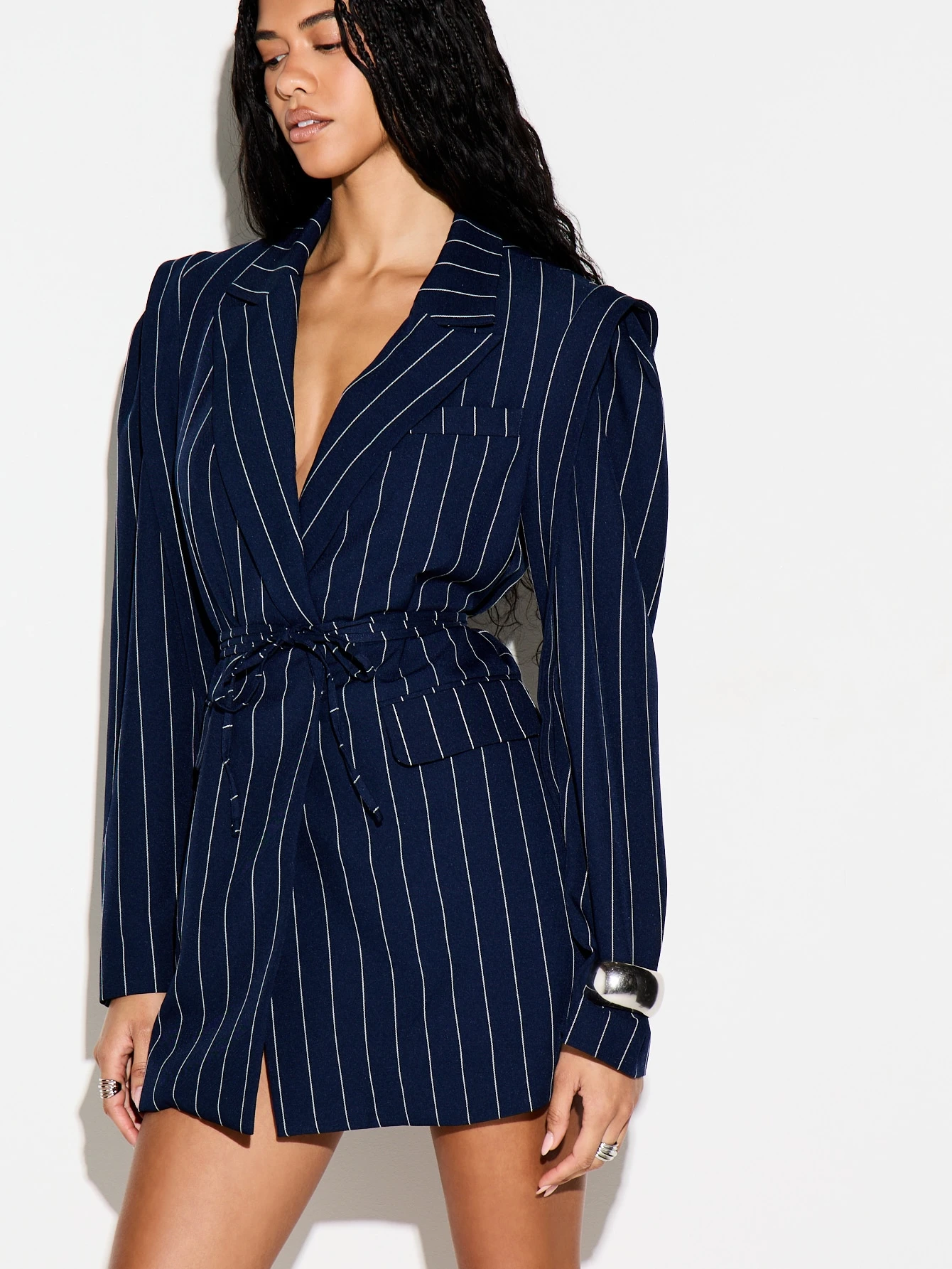 KIZN Pinstripe Wrap Blazer Dress With Belt