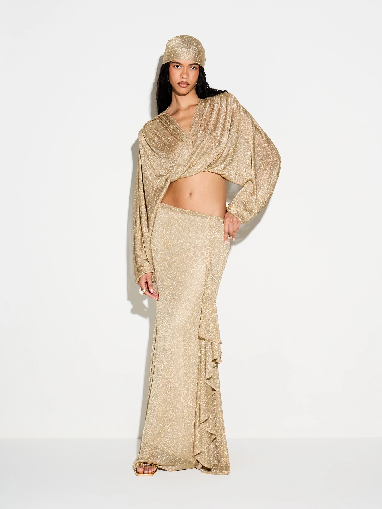 KIZN Metallic Draped Wrap Crop Top With Beanie