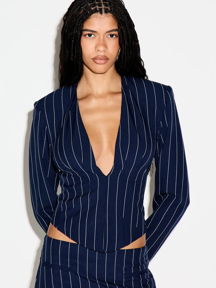 KIZN Pinstripe Corset Blazer With V-Neck