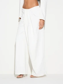 KIZN Pantalones palazzo de talle alto y pierna ancha con detalles de drapeado, blancos, para vestir y oficina profesional - Blanco - Ver 5