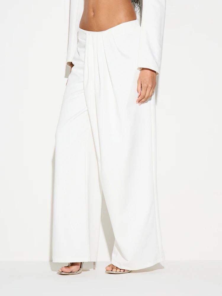 KIZN Pantalon large taille haute taillé Palazzo pour femmes, habillé, de bureau, professionnel, avec détail de drapé blanc