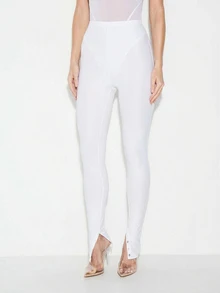 KIZN Mesh Detail Button Hem High Waisted Seamless Fitted Stretchy Leggings For Women Fashion Casual Everyday Wear - White - View 1