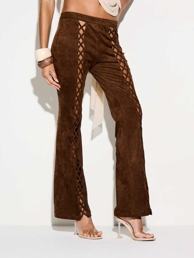 KIZN Lace Up Suede Straight Trousers With Cutout