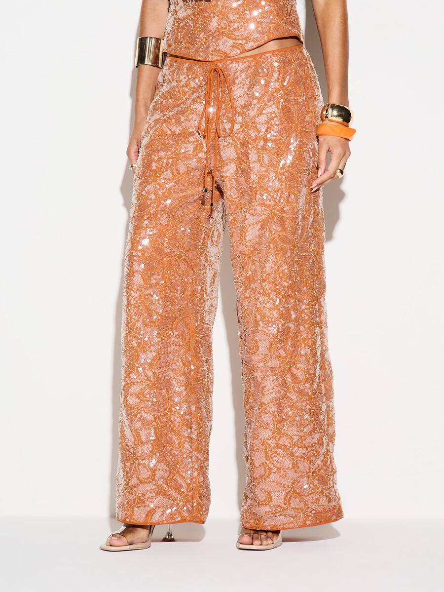 KIZN Sequined Beaded Wide Leg High Rise Palazzo Trousers With Drawstring Waist For Evening Party Occasions - Orange - View 1