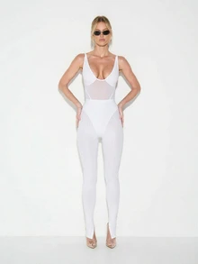 KIZN Mesh Detail Button Hem High Waisted Seamless Fitted Stretchy Leggings For Women Fashion Casual Everyday Wear - White - View 3