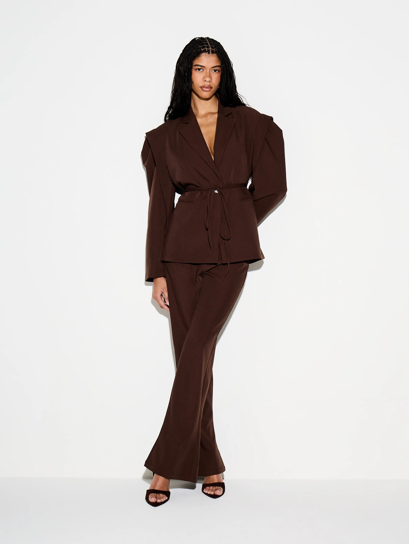 KIZN Oversized Brown Crepe Blazer With Belt