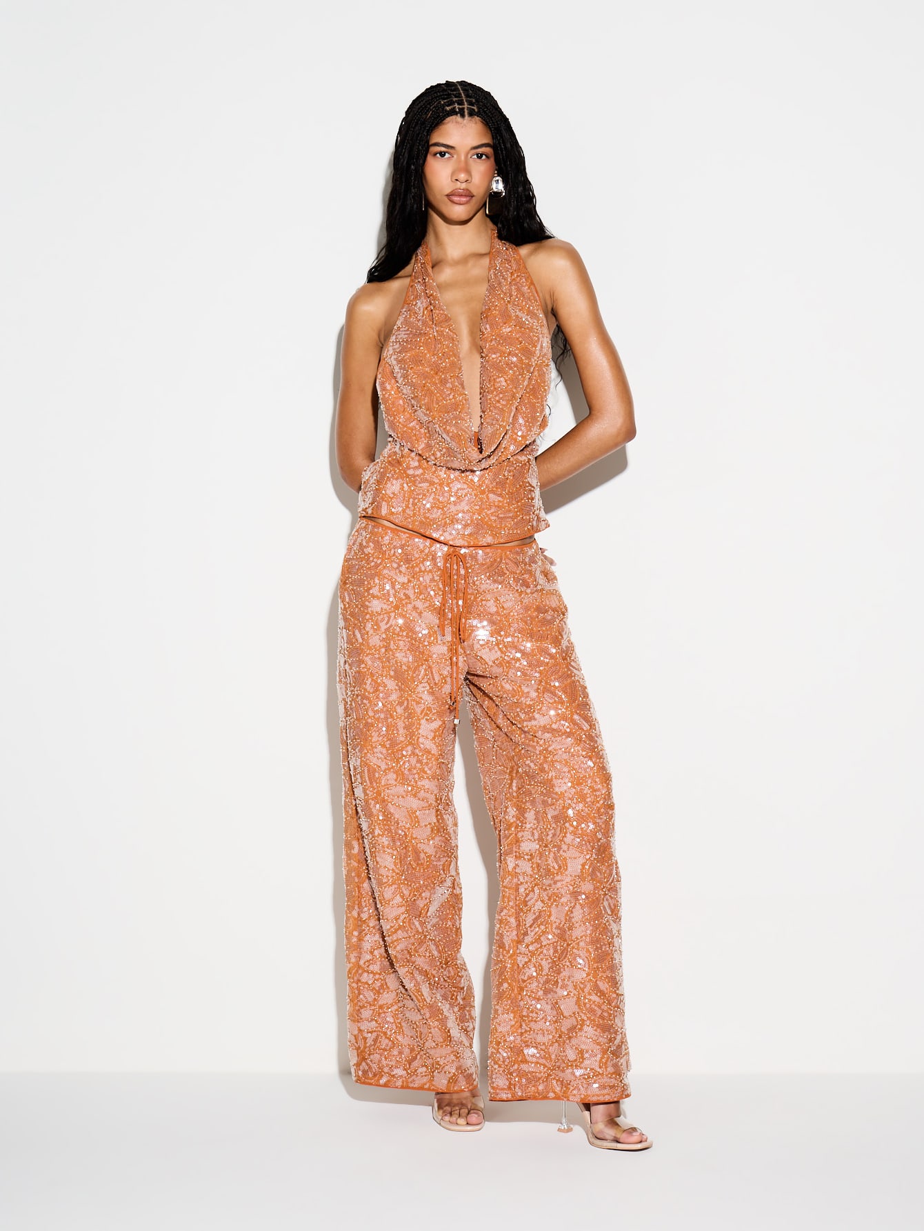 KIZN Pantalon palazzo à jambes larges et sequins avec cordon de serrage