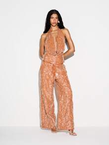 KIZN Sequined Beaded Wide Leg High Rise Palazzo Trousers With Drawstring Waist For Evening Party Occasions - Orange - View 3