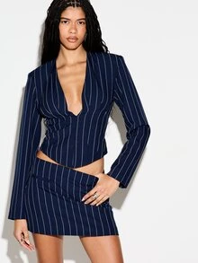 KIZN Áo blazer dáng rộng kiểu corset dành cho nữ, cổ chữ V sâu, tay dài, màu xanh navy trắng kẻ sọc dọc, phong cách công sở chuyên nghiệp. - Màu xanh lam - Xem 1