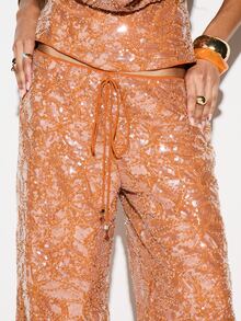 KIZN Sequined Beaded Wide Leg High Rise Palazzo Trousers With Drawstring Waist For Evening Party Occasions - Orange - View 5