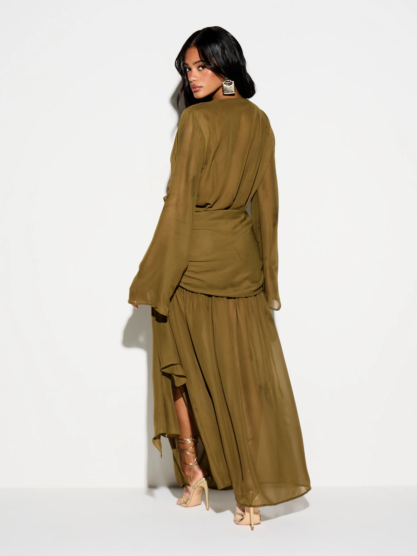 KIZN Olive Wrap Front Ruched Maxi Dress With Slit