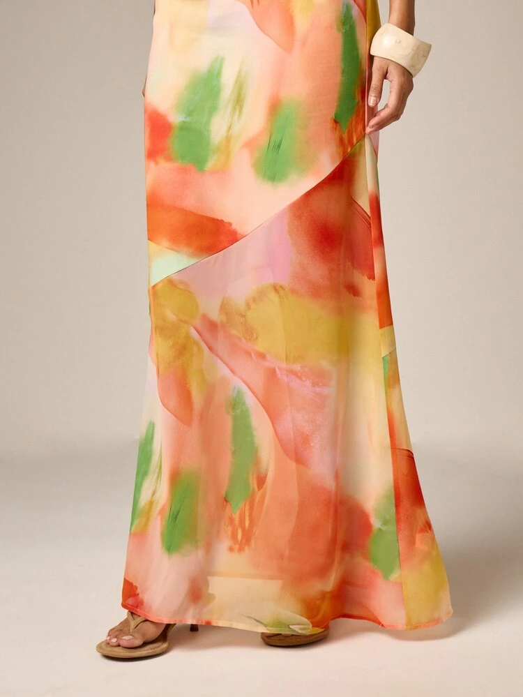 AiiRZ Chiffon Strappy Maxi Dress Abstract Watercolor Print Sleeveless Summer Evening Party Vacation Beach Resort Formal Dressy Flowy Feminine Elegant