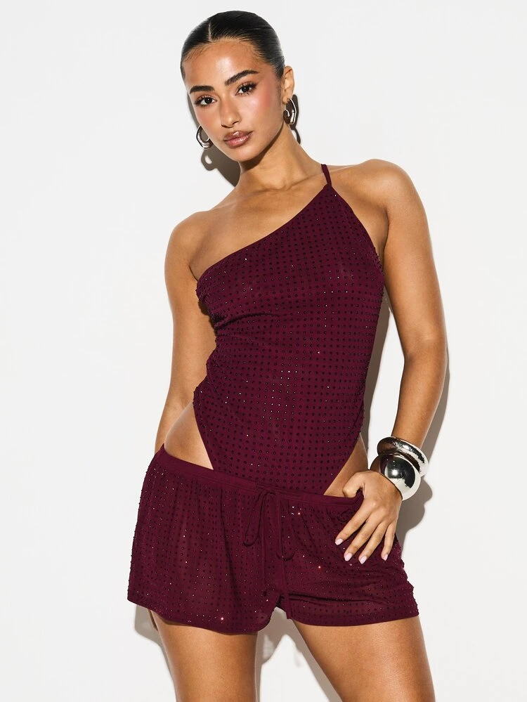 KIZN Burgundy Sparkly Hot Fix Floaty Shorts