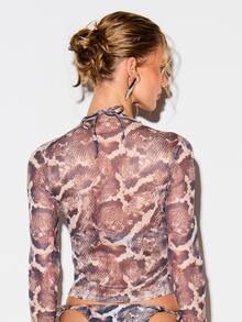 KIZN Snake Print Mesh Long Sleeve Crop Top With High Neck Fitted Style Perfect For Layering Fall Winter Fashion - Brown - View 2