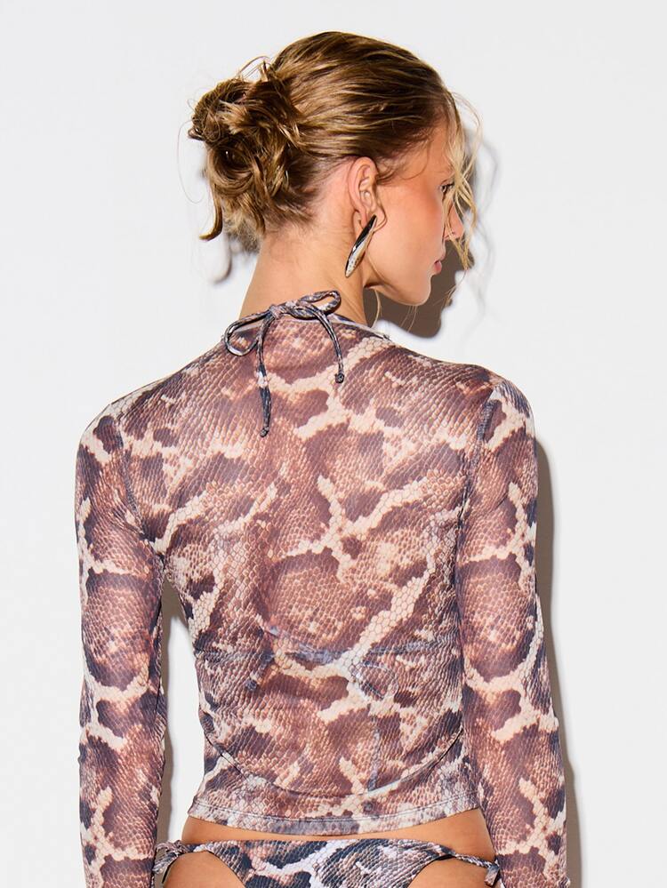 KIZN Snake Print Mesh Crop Top With High Neck