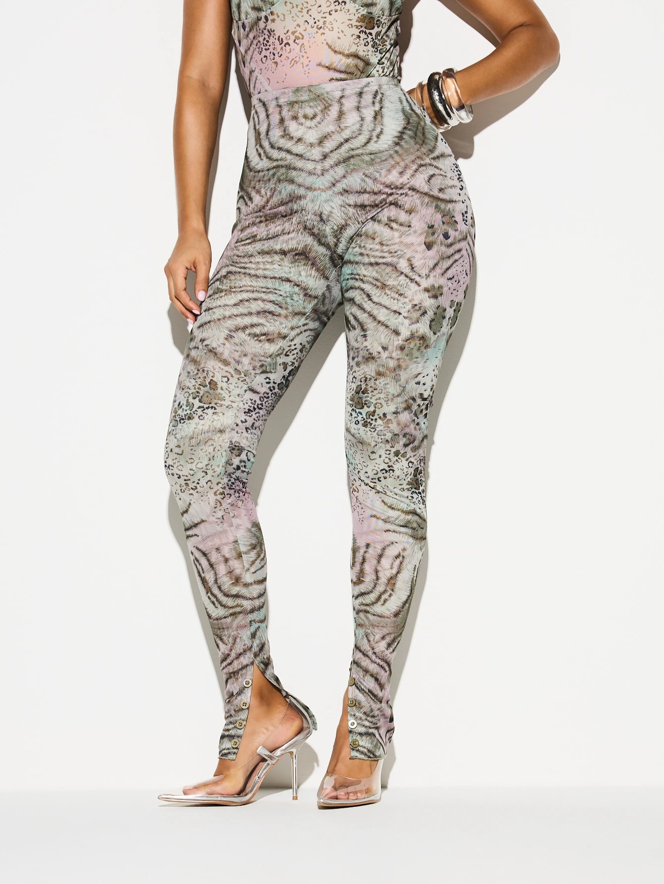 KIZN Mixed Animal Print Split Hem Leggings